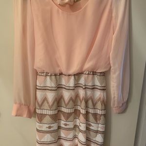 Pink 1/2 sequined/ designed dress!! long sleeve!